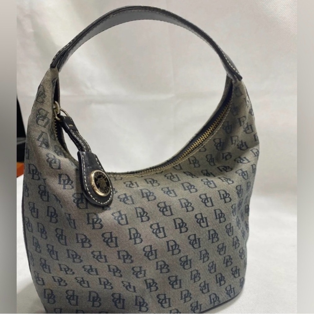 Dooney & Bourke Gray Signature Print Mini Hobo Bag w/Black Pebbled Leather Trim